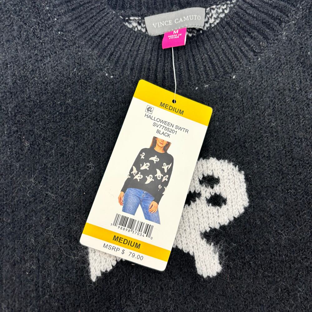 Vince Camuto Womens Medium Black White Ghost Halloween Sweater - Picture 6 of 16